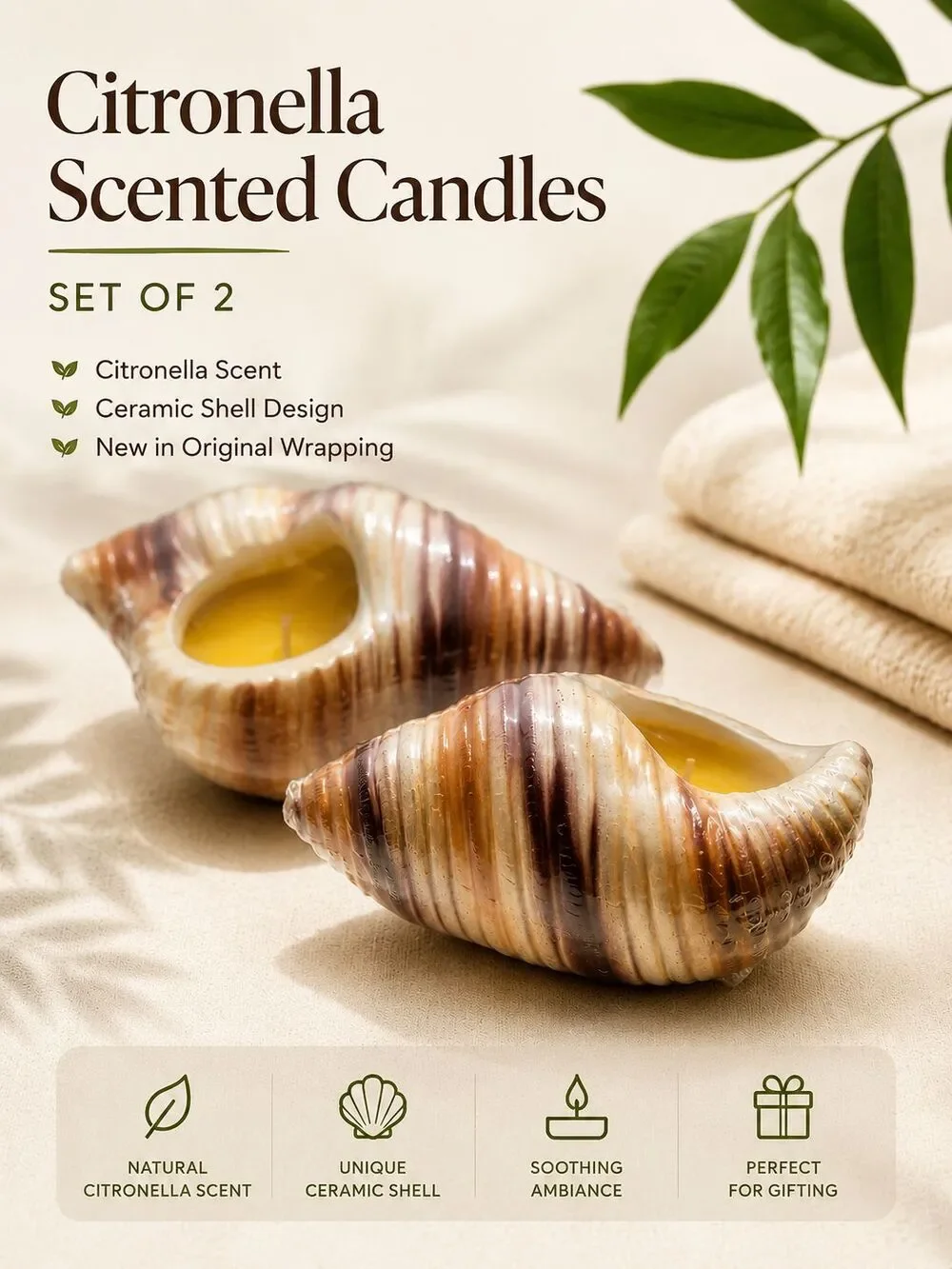 Set of 2 Citronella Scented Candles Ceramic Seashell Shell Decor New Wrapped